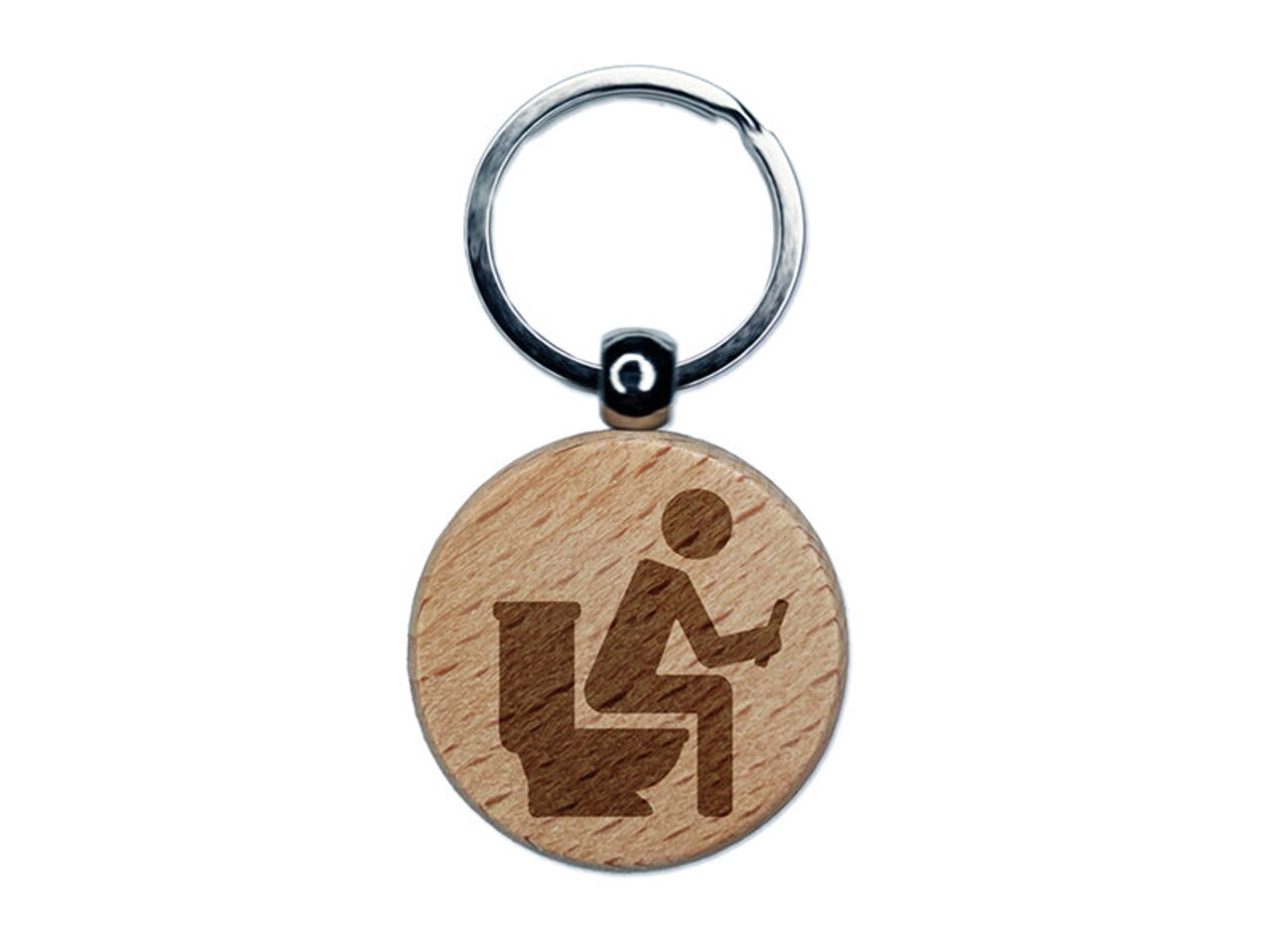 Person Sitting on Toilet with Phone Restroom Pooping Engraved Wood Round Keychain Tag Charm